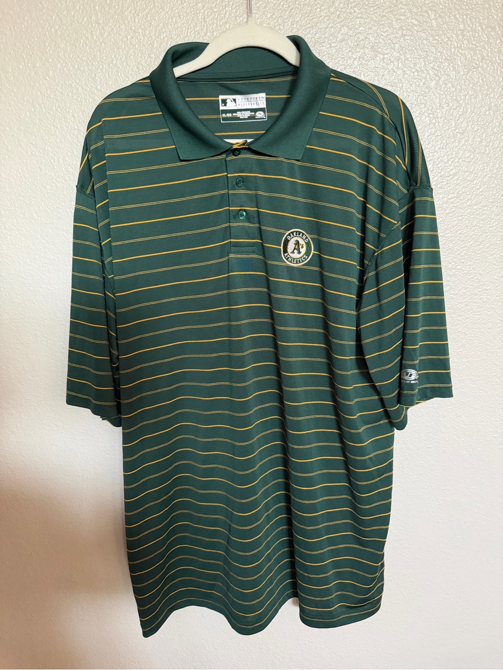 Oakland Athletics A’s Polo Shirt Men’s XL Green Gold Striped MLB Performance